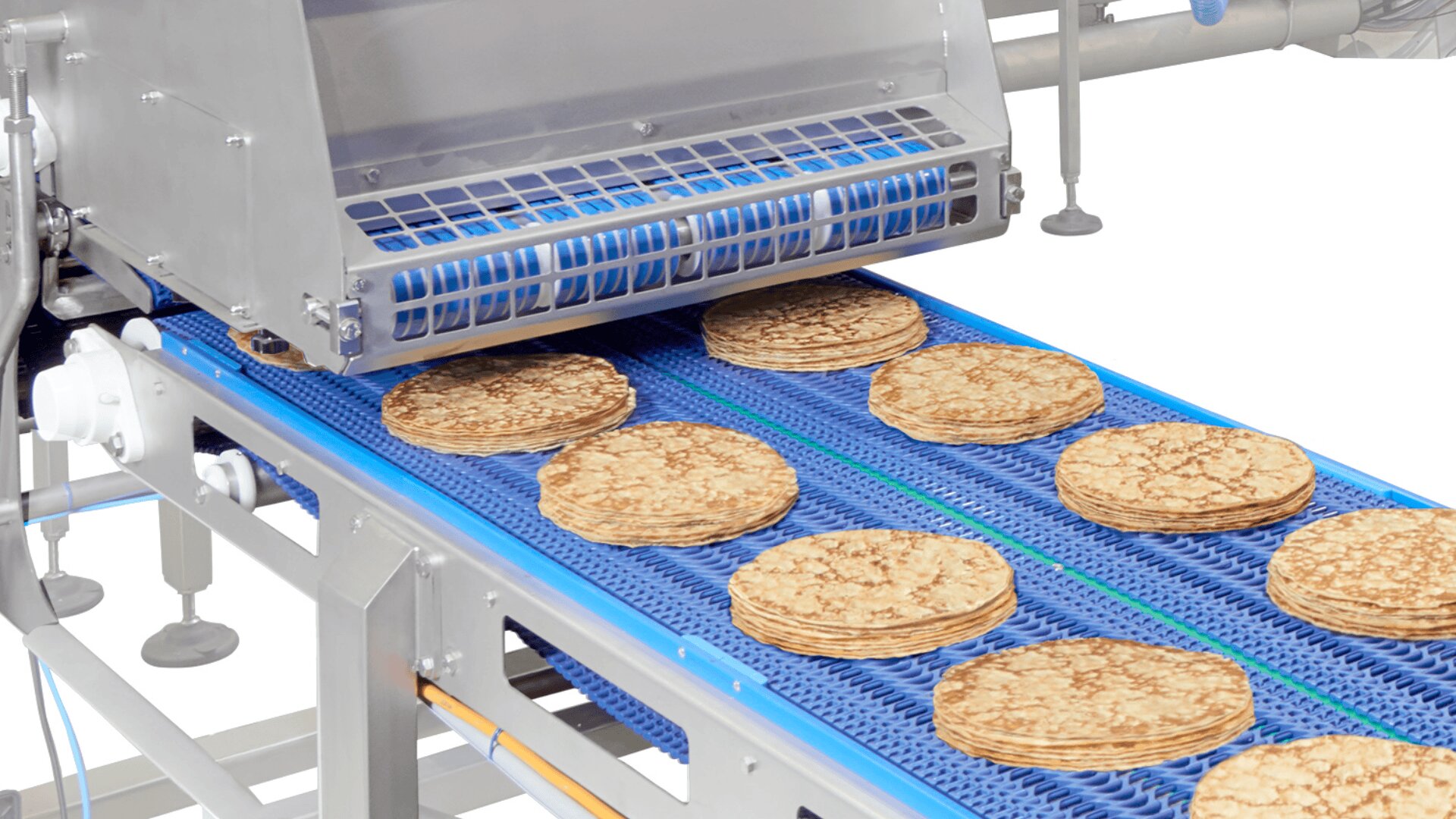 A food processing machine places round flatbreads or tortillas onto a blue conveyor belt in a factory setting, preparing them for packaging or further processing.