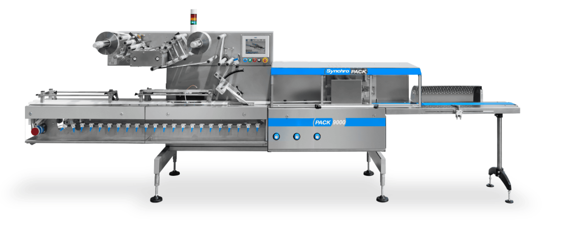 A stainless steel industrial packaging machine with control panel, rolls of film, conveyor belts, and a blue Synchro Pack logo, designed for automated packing of products.