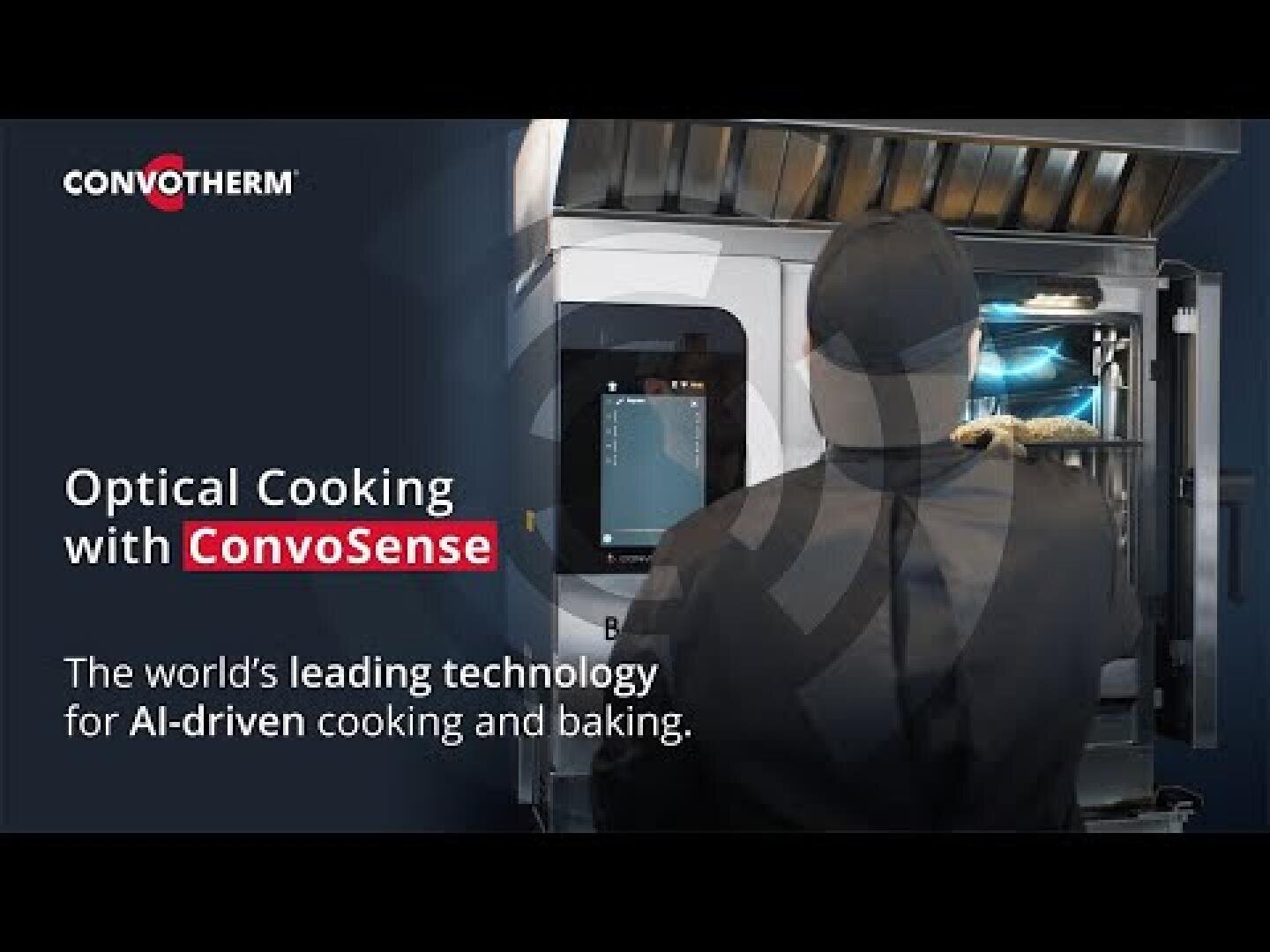 A person in dark clothing operates a modern industrial oven with a digital screen. Text reads: Optical Cooking with ConvoSense. The world’s leading technology for AI-driven cooking and baking.