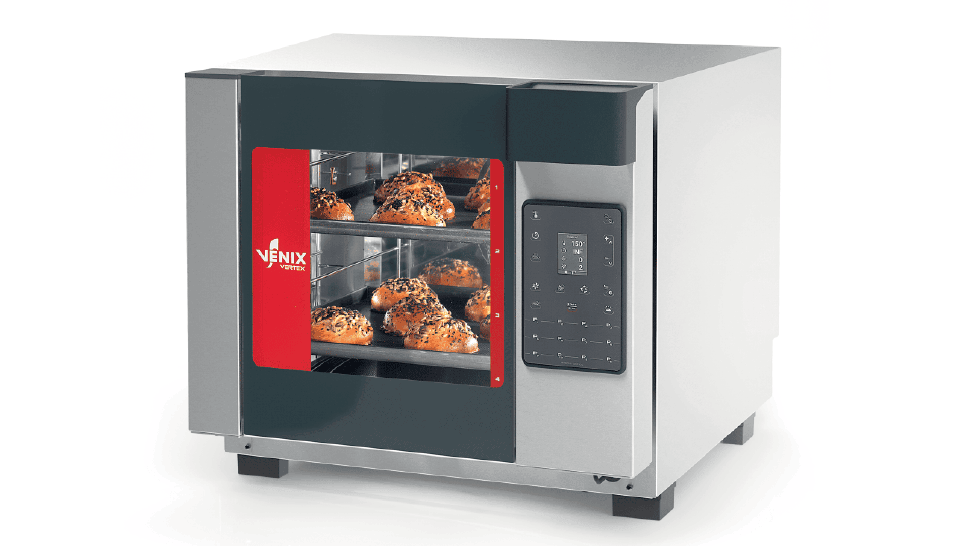 Ein kommerzieller Backofen aus Edelstahl mit Glastür, digitalem Bedienfeld und zwei Tabletts mit gebackenen Brötchen im Inneren, sichtbar durch das Fenster.