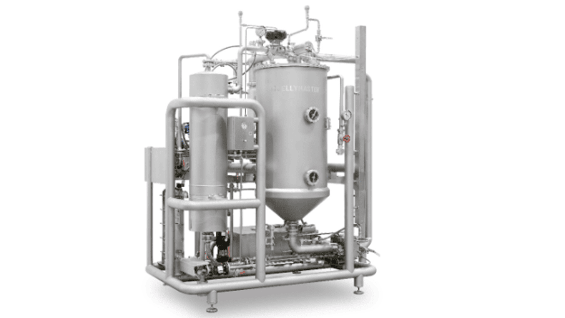 Ein großes industrielles Filtersystem aus Edelstahl mit mehreren Rohren, Ventilen, Messgeräten und zylindrischen Tanks, das von einem schützenden Metallrahmen umgeben ist.