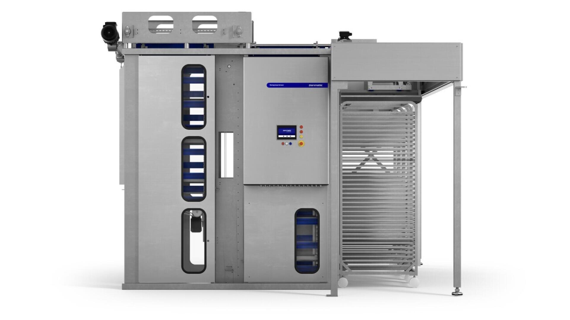 Industrial stainless steel food processing machine with control panel, vents, and a rack of trays on the right side; design appears automated and modern, primarily silver with some blue accents.