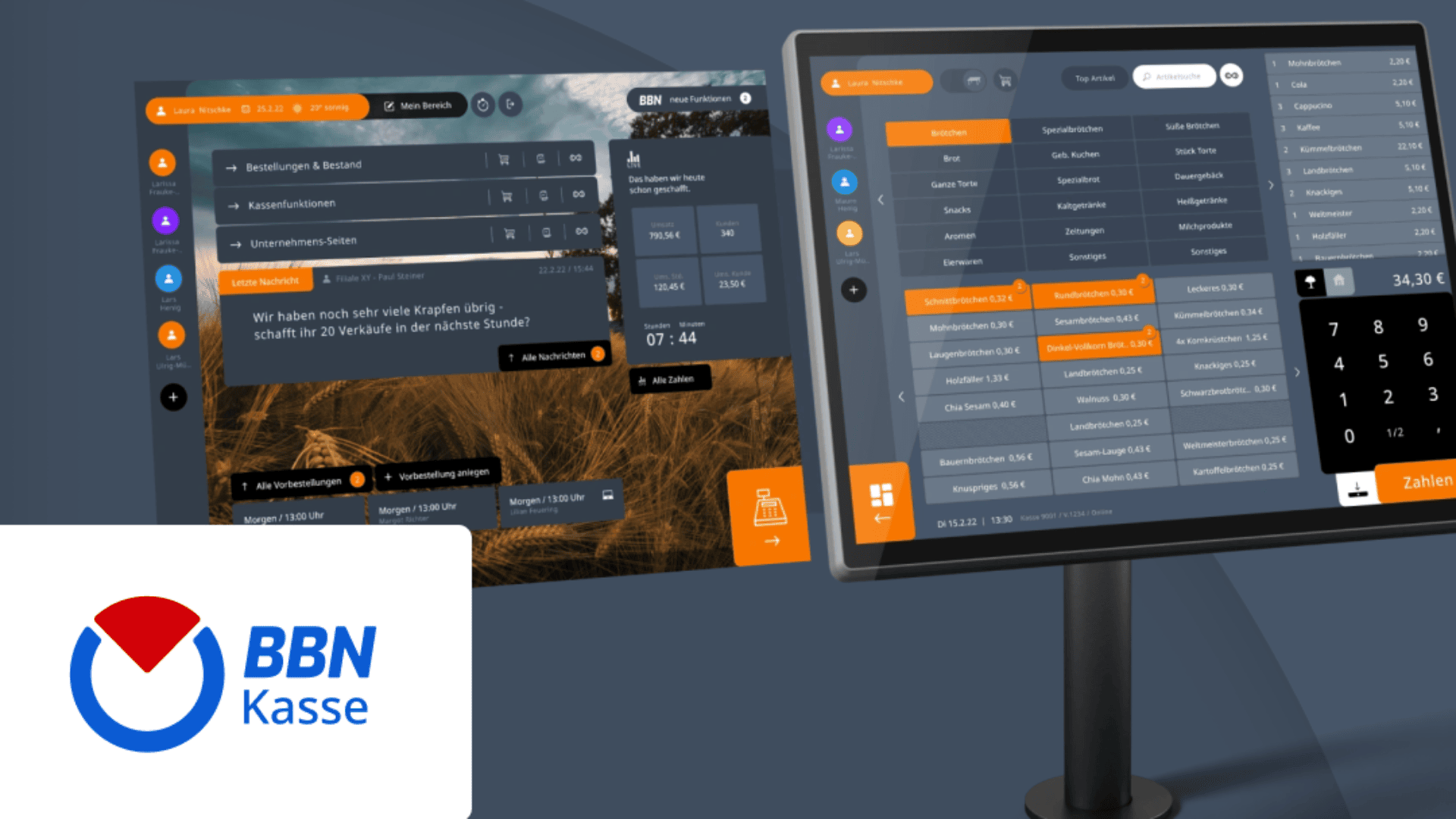 Auf zwei Touchscreen-Monitoren wird die Oberfläche des Kassensystems mit Menüs, Schaltflächen und einem Rechner angezeigt. Das Logo der BBN Kasse ist unten links auf weißem Hintergrund zu sehen.
