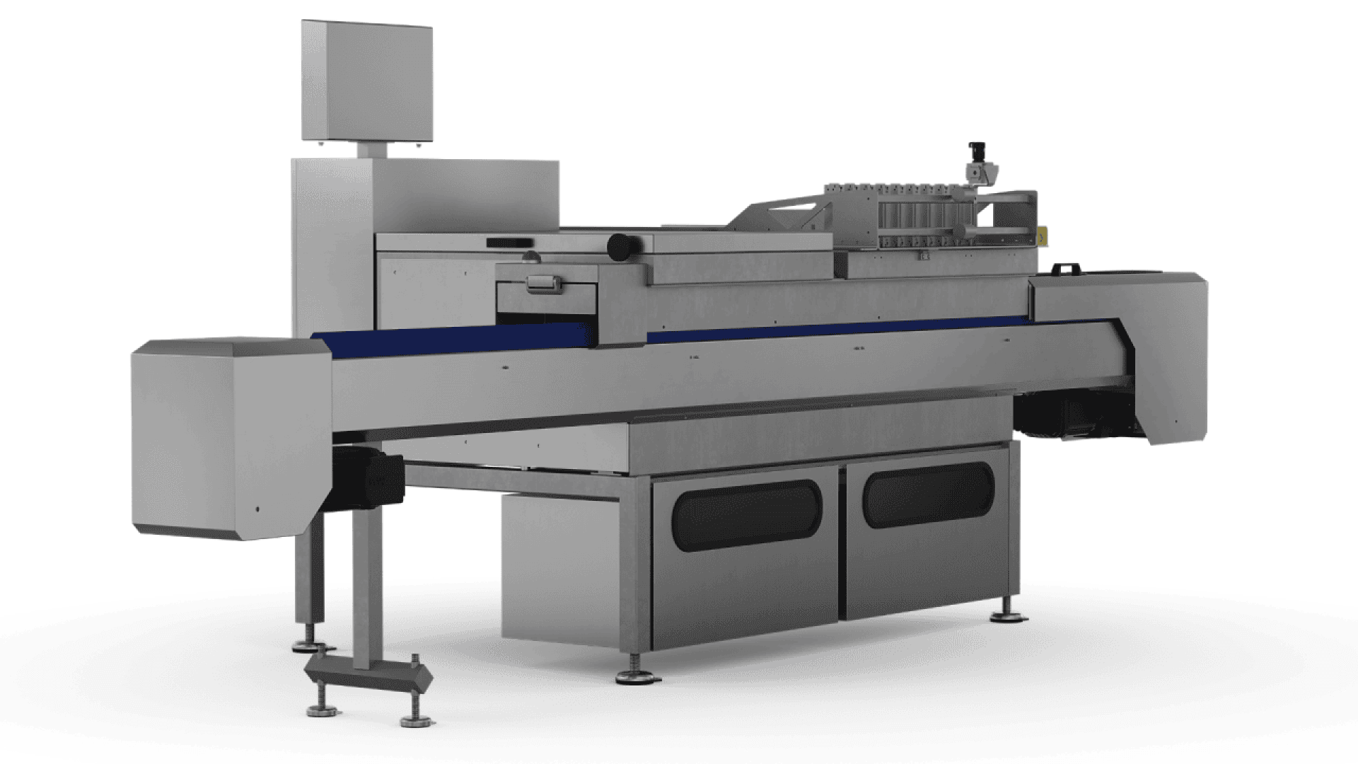 A large industrial stainless steel packaging machine with a conveyor belt and various control panels and components, designed for automated food processing or manufacturing.