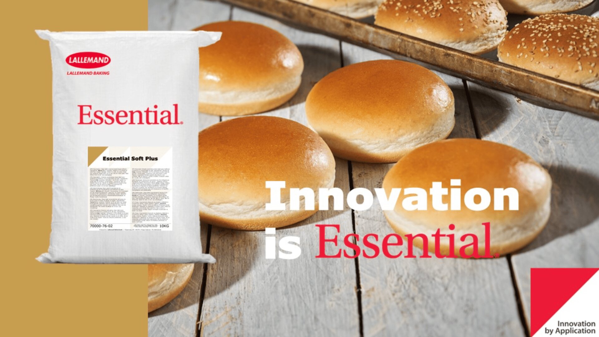 A bag of Lallemand Essential Soft Plus baking mix is shown next to freshly baked hamburger buns on a rack, with the words Innovation is Essential overlaid on the image.