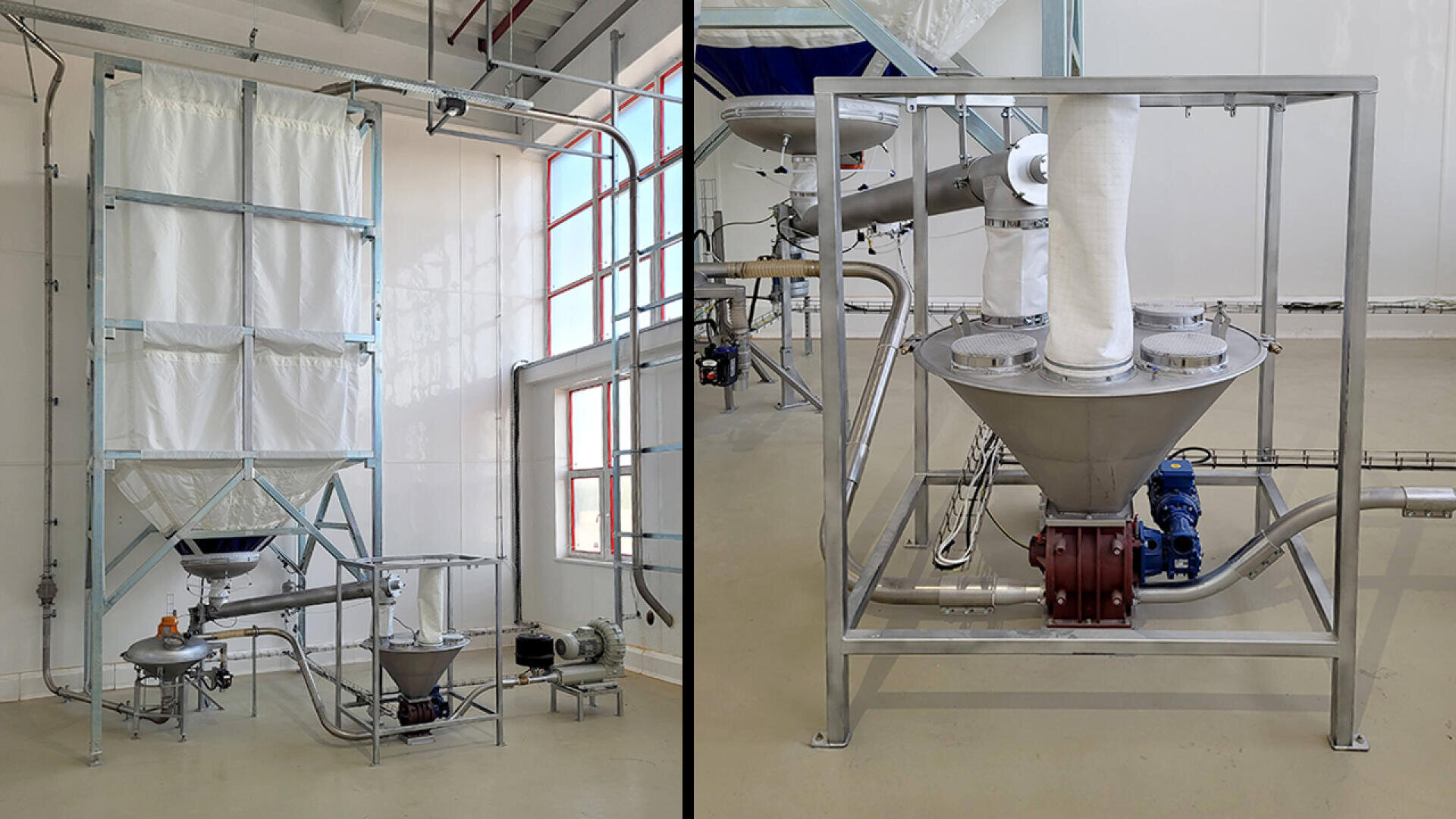 Two views of industrial equipment in a clean facility: a large white fabric silo feeds material into a conical metal hopper connected to pipes, a blue motor, and other machinery for processing or conveying materials.