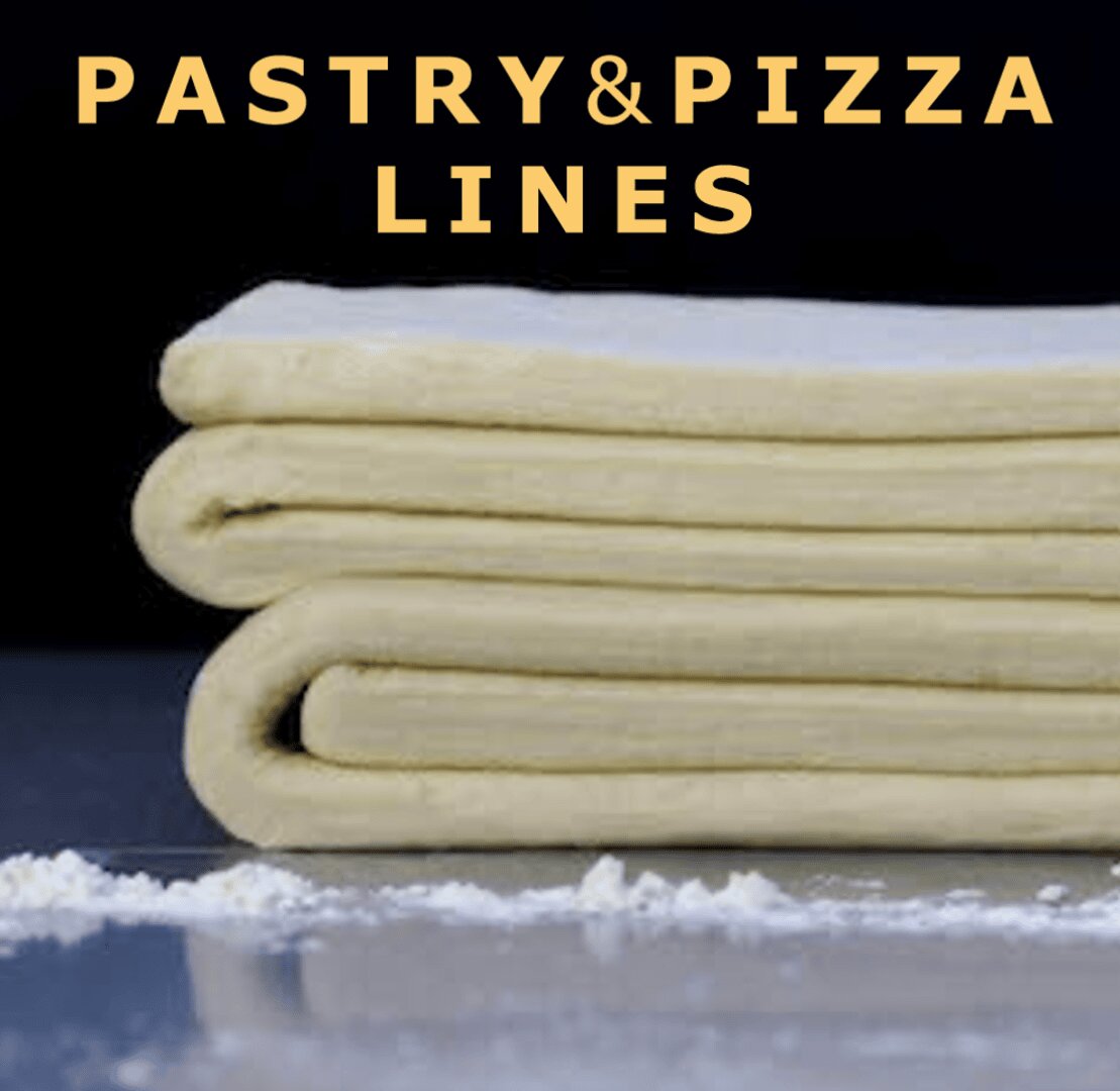 Three folded layers of pastry dough on a dark surface with a dusting of flour in front. Bold yellow text above reads PASTRY & PIZZA LINES.