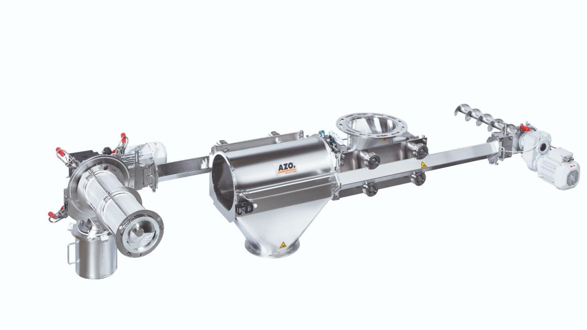 A stainless steel industrial machine with multiple cylindrical and conical components, motors, valves, and an inspection port, labeled AZO, designed for processing or conveying materials.