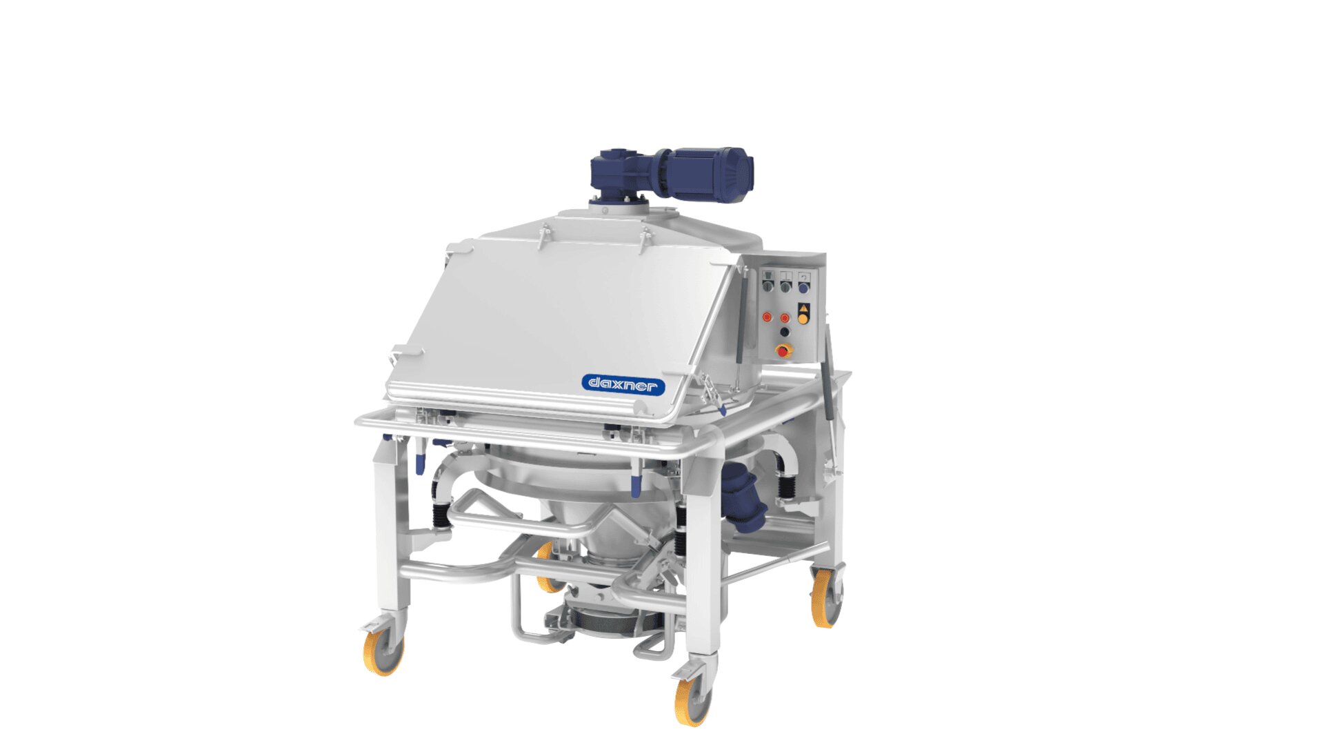 Eine große Industriemaschine aus Edelstahl mit Rädern, Bedienfeld und einem blauen Motor. Die Frontplatte trägt die Aufschrift „Daxner“. Die Maschine steht vor einem weißen Hintergrund.
