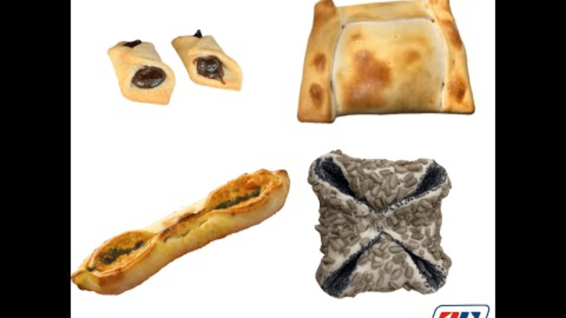 Four different types of baked pastries are shown: two small rectangular pastries with filling, a square pastry with folded corners, a long pastry with a visible filling, and a square pastry with textured dough and dark strips on the corners.