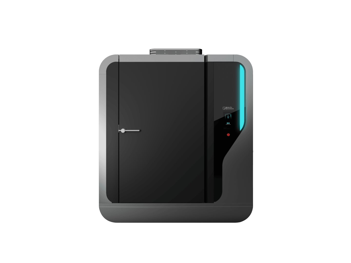 A sleek, modern, black and gray rectangular machine with a handle on the left door, a vertical blue LED light, and a digital display on the right side. The device has a minimalist, high-tech design.