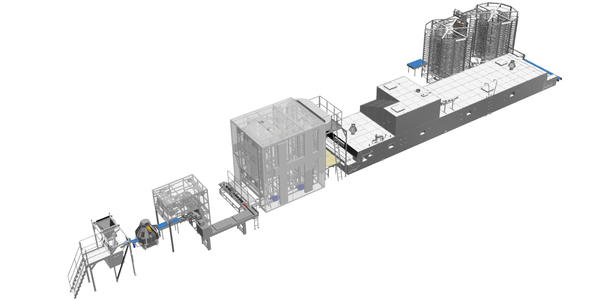 A 3D-rendered diagram of an industrial processing line with multiple sections, including elevated platforms, enclosed machinery, conveyor belts, and large storage silos at one end, all set against a plain white background.