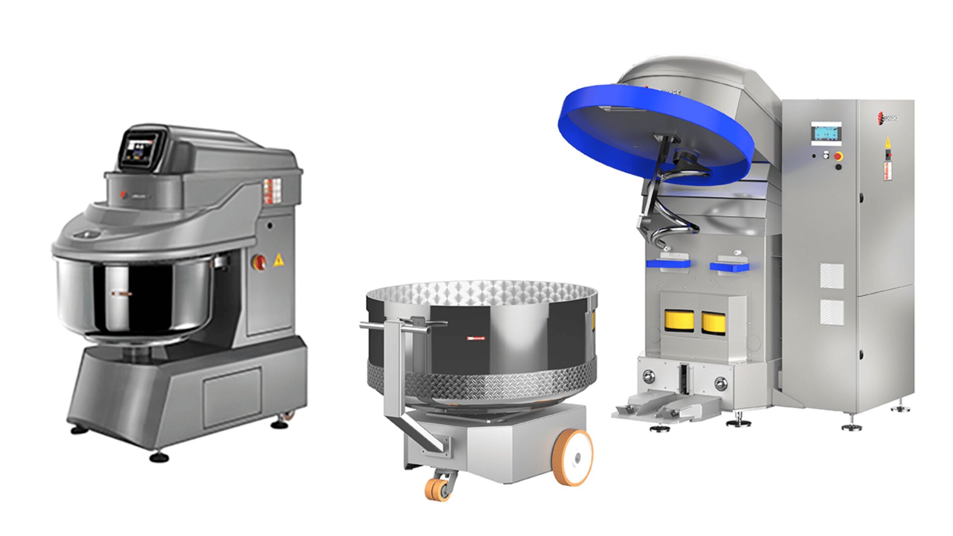 Three industrial bakery machines: a spiral dough mixer, a removable stainless steel mixing bowl on wheels, and a large automated dough processing machine with a digital control panel and blue accents.
