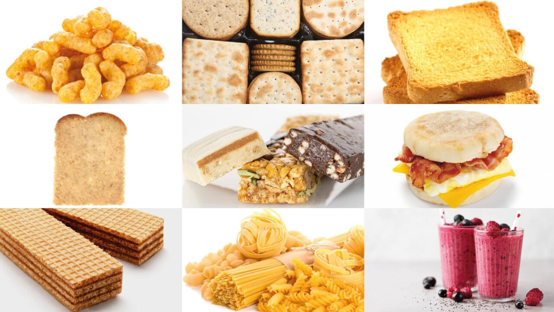 A collage of various breakfast and snack foods, including cheese puffs, crackers, toast, bread, granola bars, a breakfast sandwich, wafer cookies, different pasta shapes, and two berry smoothies.