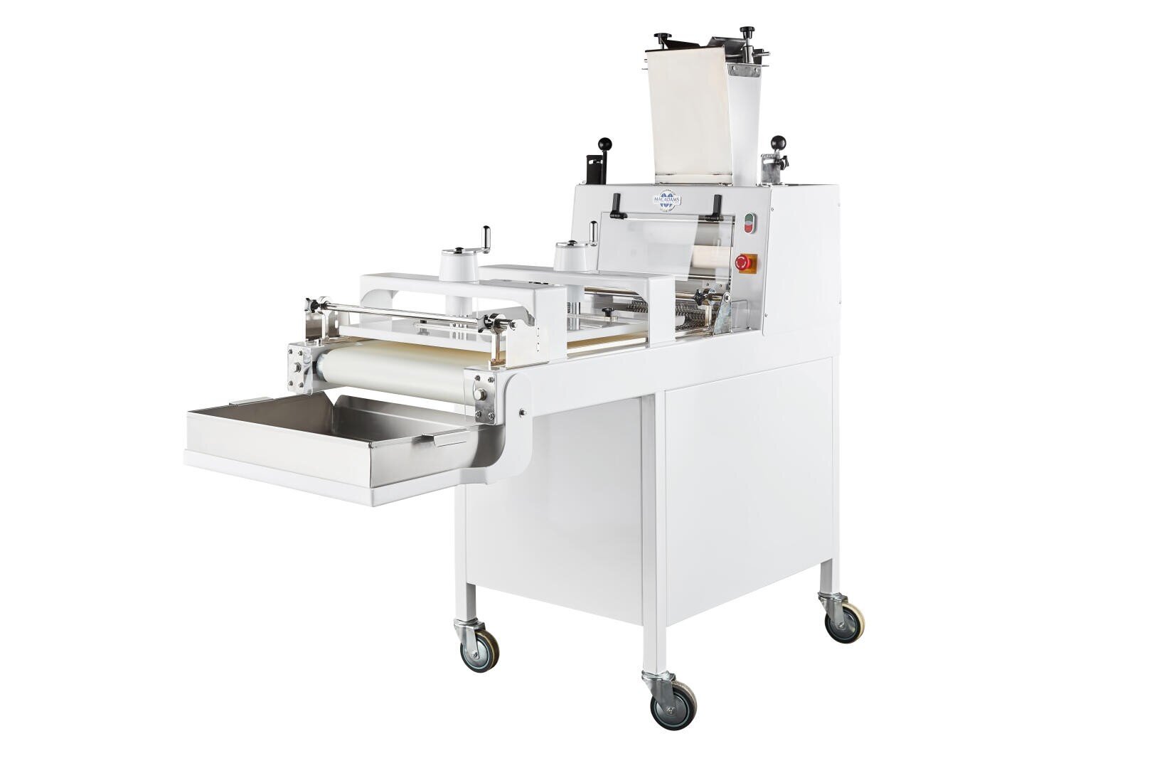 A large industrial dough sheeter with a metal frame, control buttons and a tray for collecting the processed dough, which is mounted on four castors for mobility.