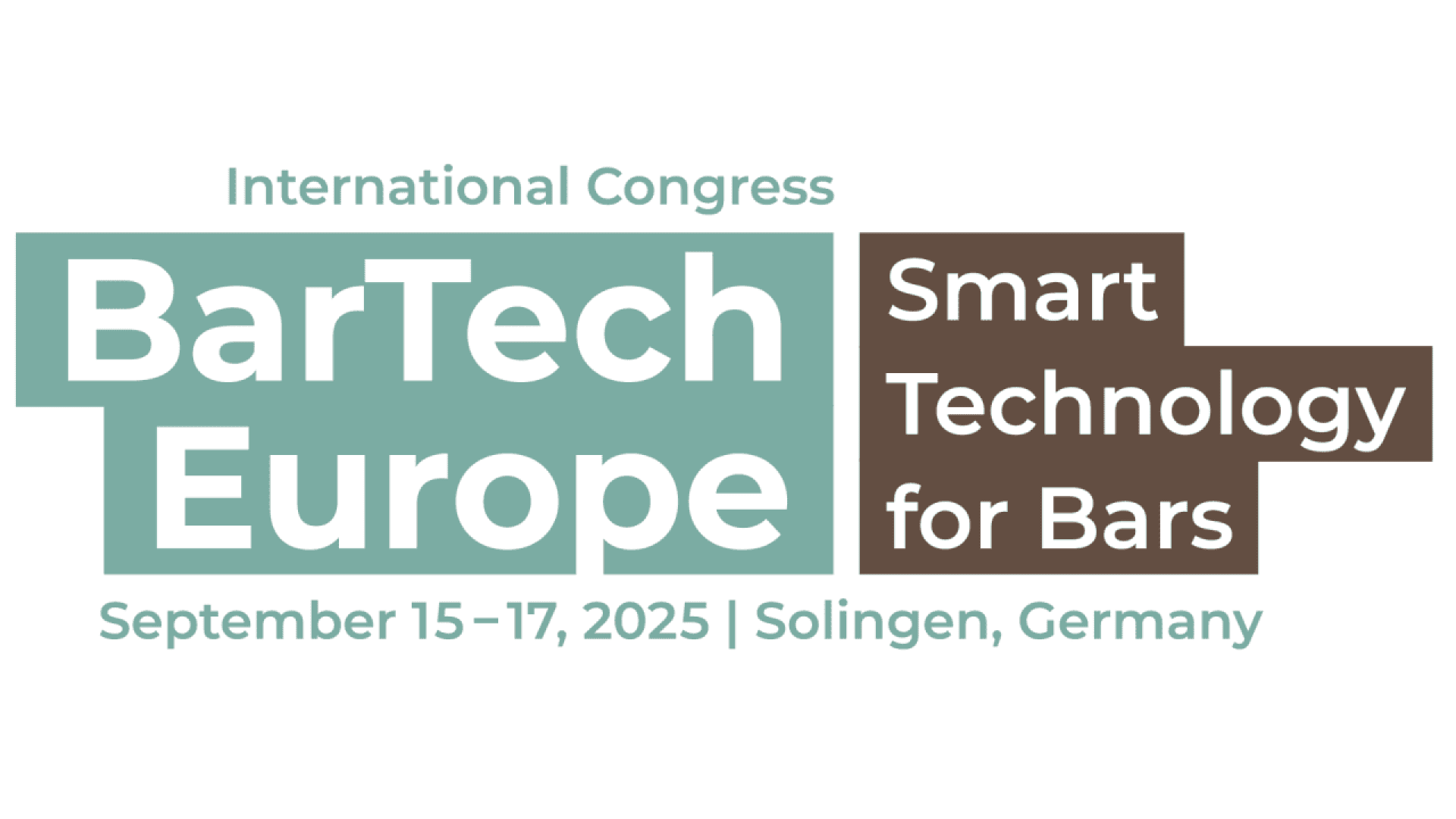 Logo for International Congress BarTech Europe, featuring the text: Smart Technology for Bars. September 15–17, 2025 | Solingen, Germany in green, brown, and white blocks.