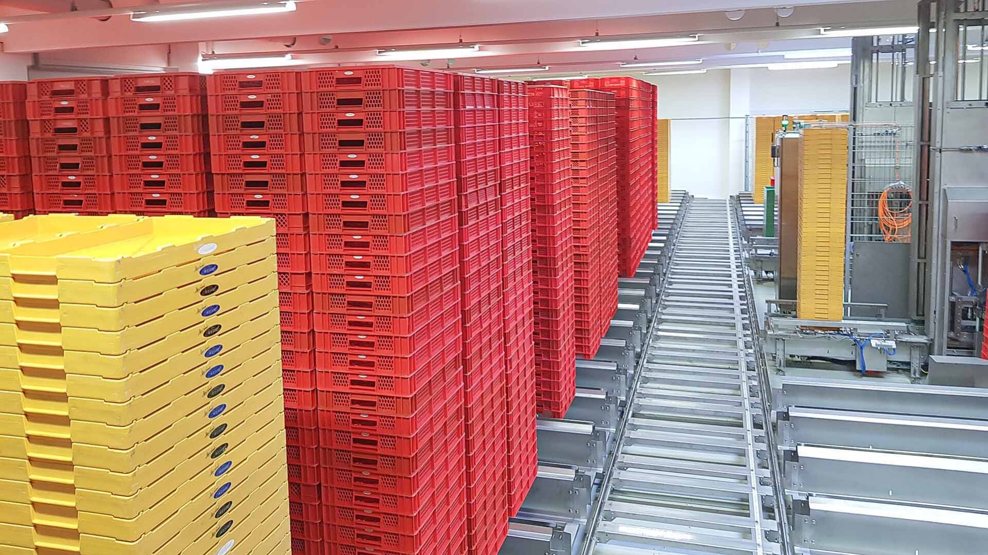 Stacks of red and yellow plastic trays are arranged in a large, brightly lit industrial facility with metal conveyor belts running between them.