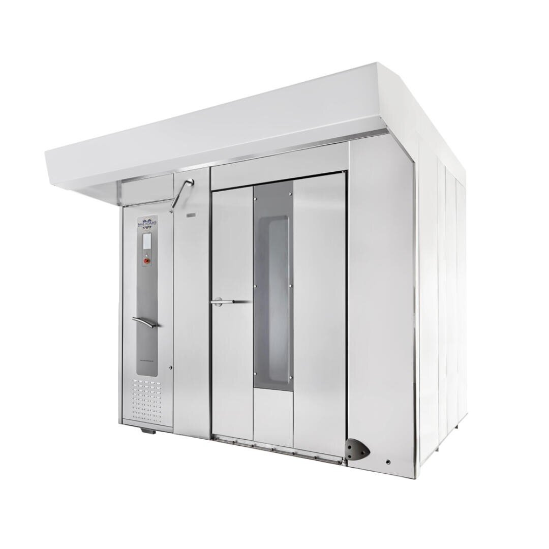 Large industrial oven made of stainless steel with a glass window on the front door, a control panel on the side and a white overhang, insulated on a white background.