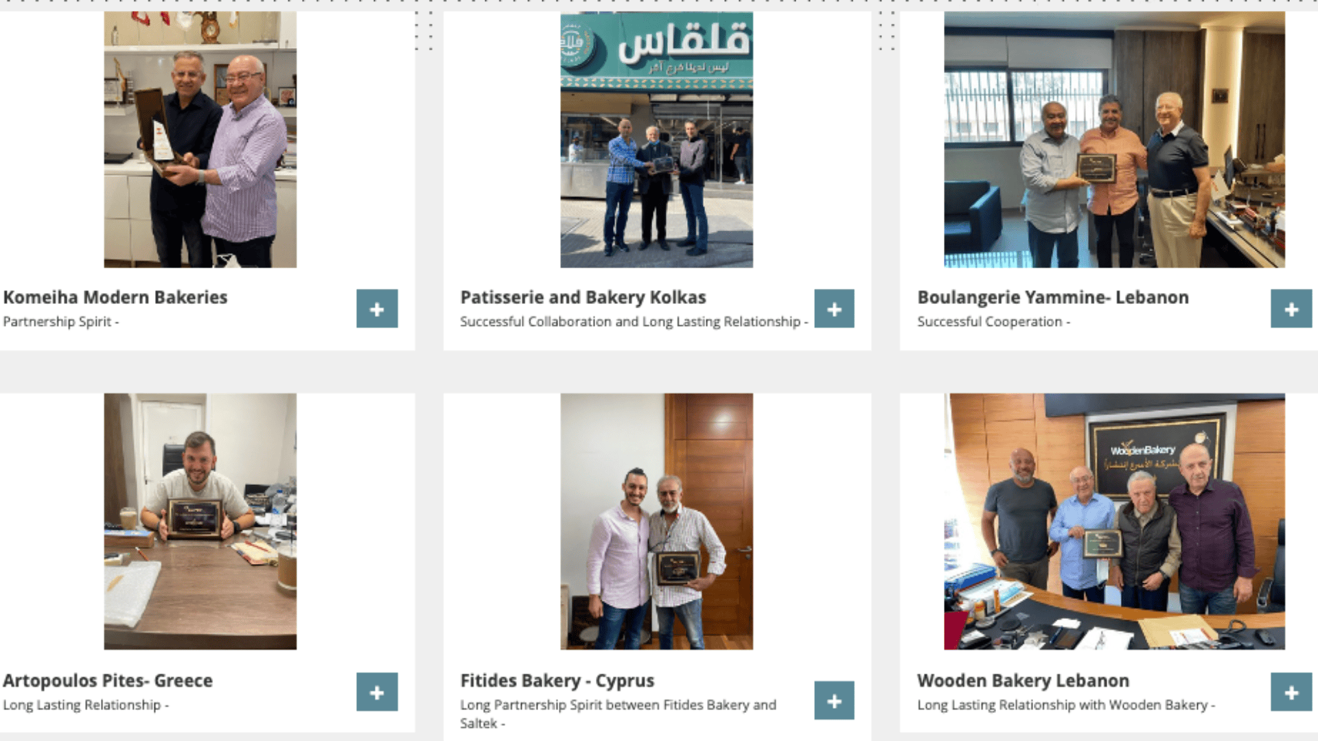 Eine Collage aus sechs Fotos, die lächelnde Paare oder Gruppen von Menschen mit Plaketten oder Auszeichnungen zeigen, die jeweils Bäckereien aus verschiedenen Ländern repräsentieren und erfolgreiche Partnerschaften und Kooperationen hervorheben.