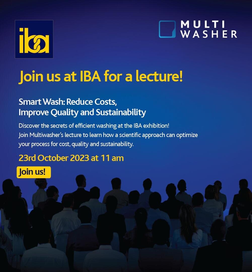 A promotional poster invites people to a lecture by Multiwasher at the IBA exhibition on 23rd October 2023 at 11 am. The lecture covers Smart Wash: Reduce Costs, Improve Quality and Sustainability.