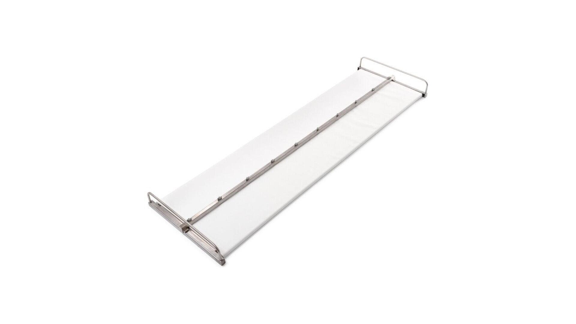 A folding cot with a white fabric sleeping surface and a metal frame, viewed at an angle against a plain white background.