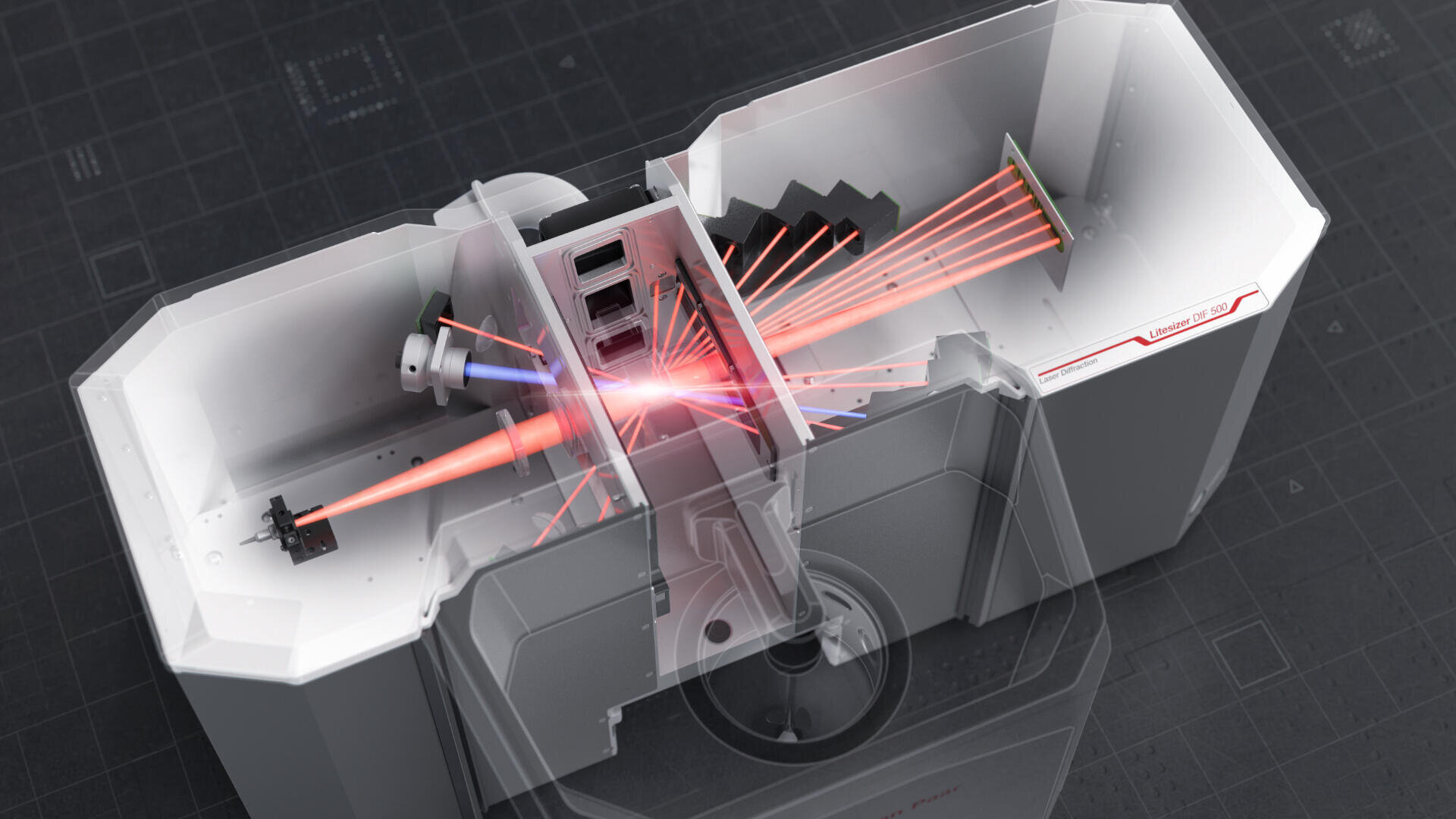 A cutaway view of a modern projector shows internal components with red laser beams reflecting between mirrors and lenses, illustrating the device’s light path and optical system on a dark, grid-patterned background.