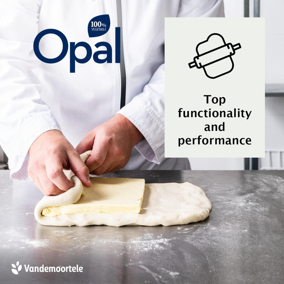 A person folds pastry dough on a floured metal surface. Text reads “Opal, 100% vegetable,” and “Top functionality and performance” with a rolling pin icon. Vandemoortele logo is at the bottom left.