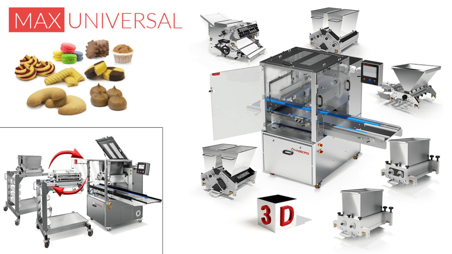 A collage showing a MAX UNIVERSAL dough processing machine with modular attachments, a conveyor belt, and various baked goods like cookies and cupcakes, highlighting 3D shaping and flexible configurations.