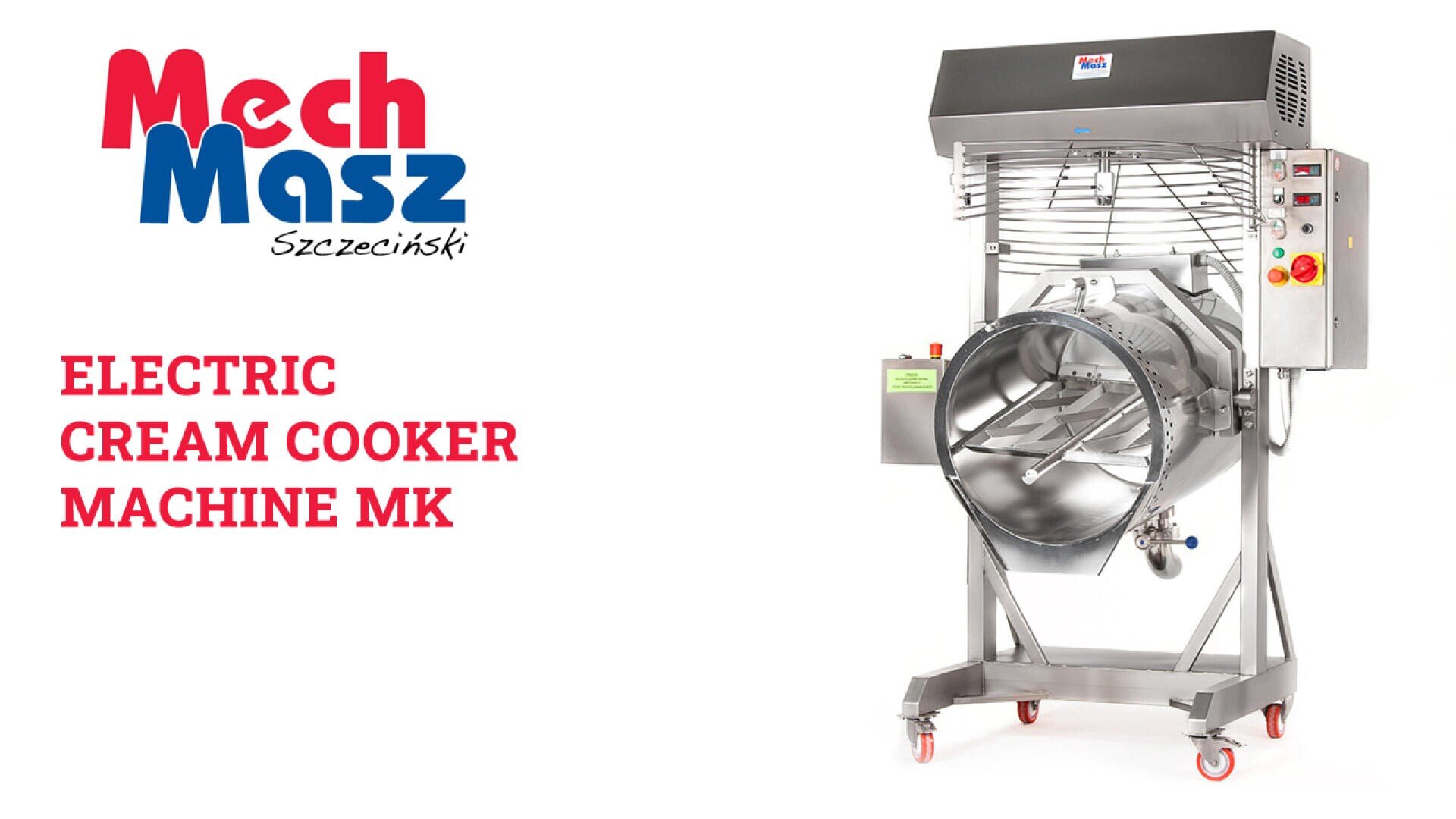 An industrial electric cream cooker machine stands on wheels with a control panel and open drum. The MechMasz Szczeciński logo and the text “Electric Cream Cooker Machine MK” appear on the left.