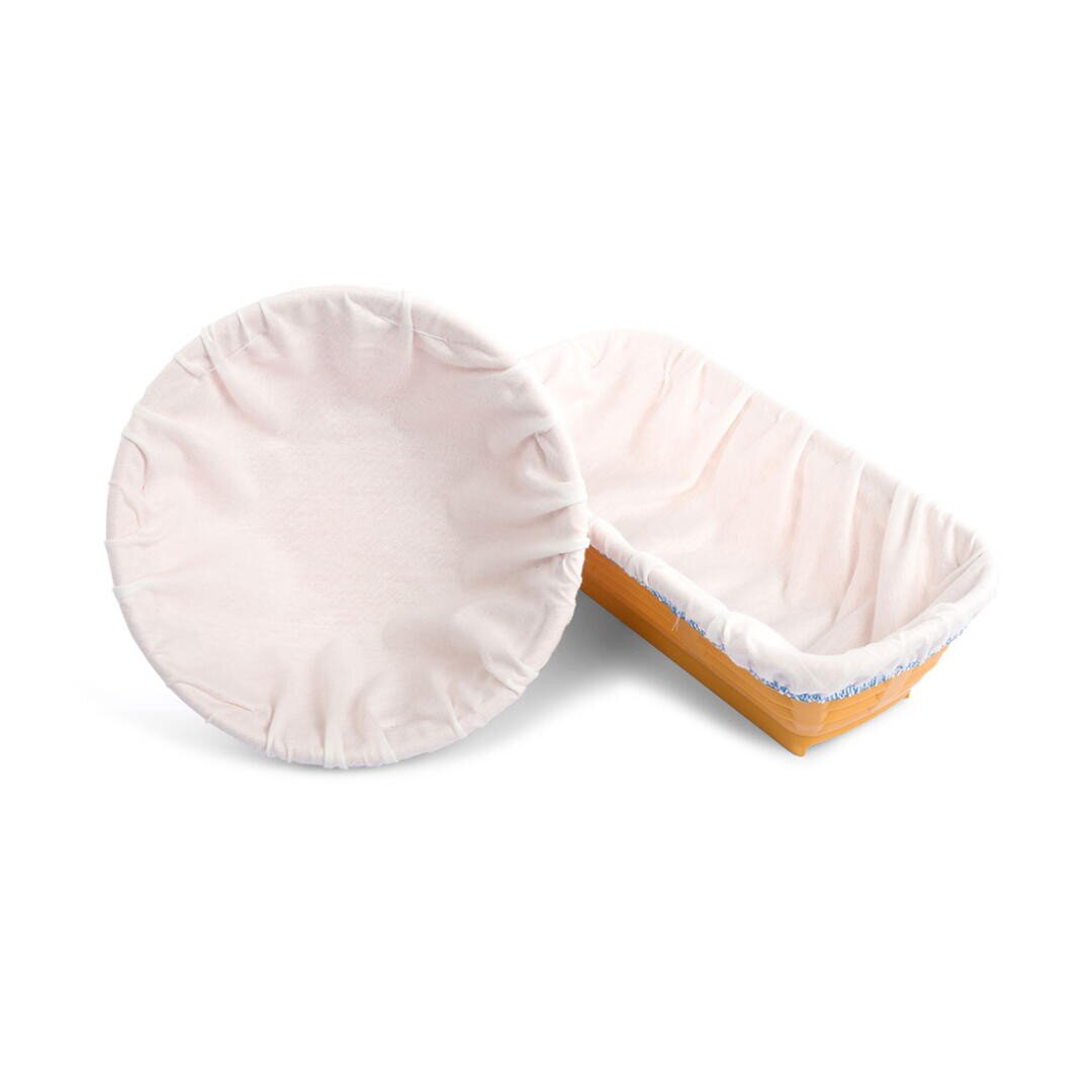 Zwei rechteckige Stoffschüsselhüllen, eine für einen gelben rechteckigen Behälter und die andere separat abgebildet, beide aus hellrosa Stoff mit elastischen Rändern.