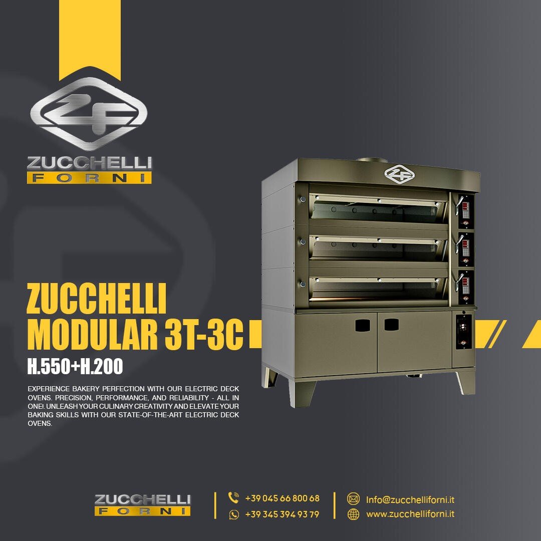 Promotional image featuring the Zuchelli Forni Modular 3T-3C electric deck oven. The oven is shown on a grey-yellow background with company logo, contact information, and a brief product description.