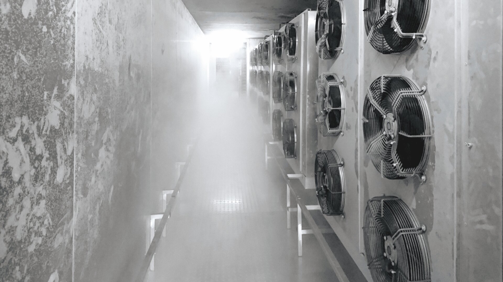 A long industrial corridor lined with large cooling fans on one side; mist or fog fills the walkway, creating a cold, sterile atmosphere.