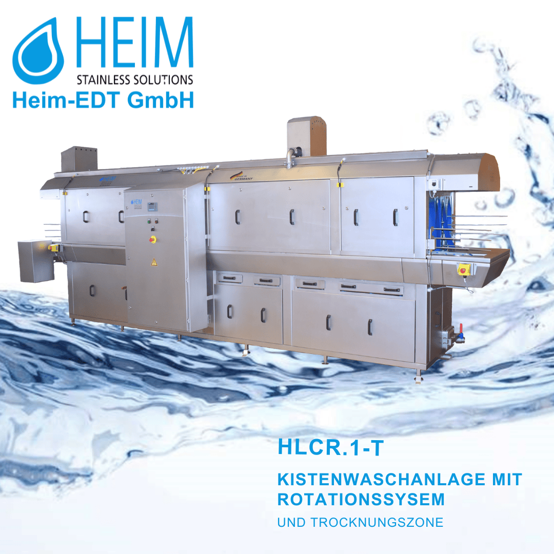 Eine große industrielle Wasch- und Trocknungsmaschine aus Edelstahl der Heim-EDT GmbH wird vor einem Hintergrund aus spritzendem Wasser gezeigt, mit blauem Firmenlogo und deutschem Text, der das Kistenwaschsystem HLCR.1-T mit Rotation und Trocknung beschreibt.