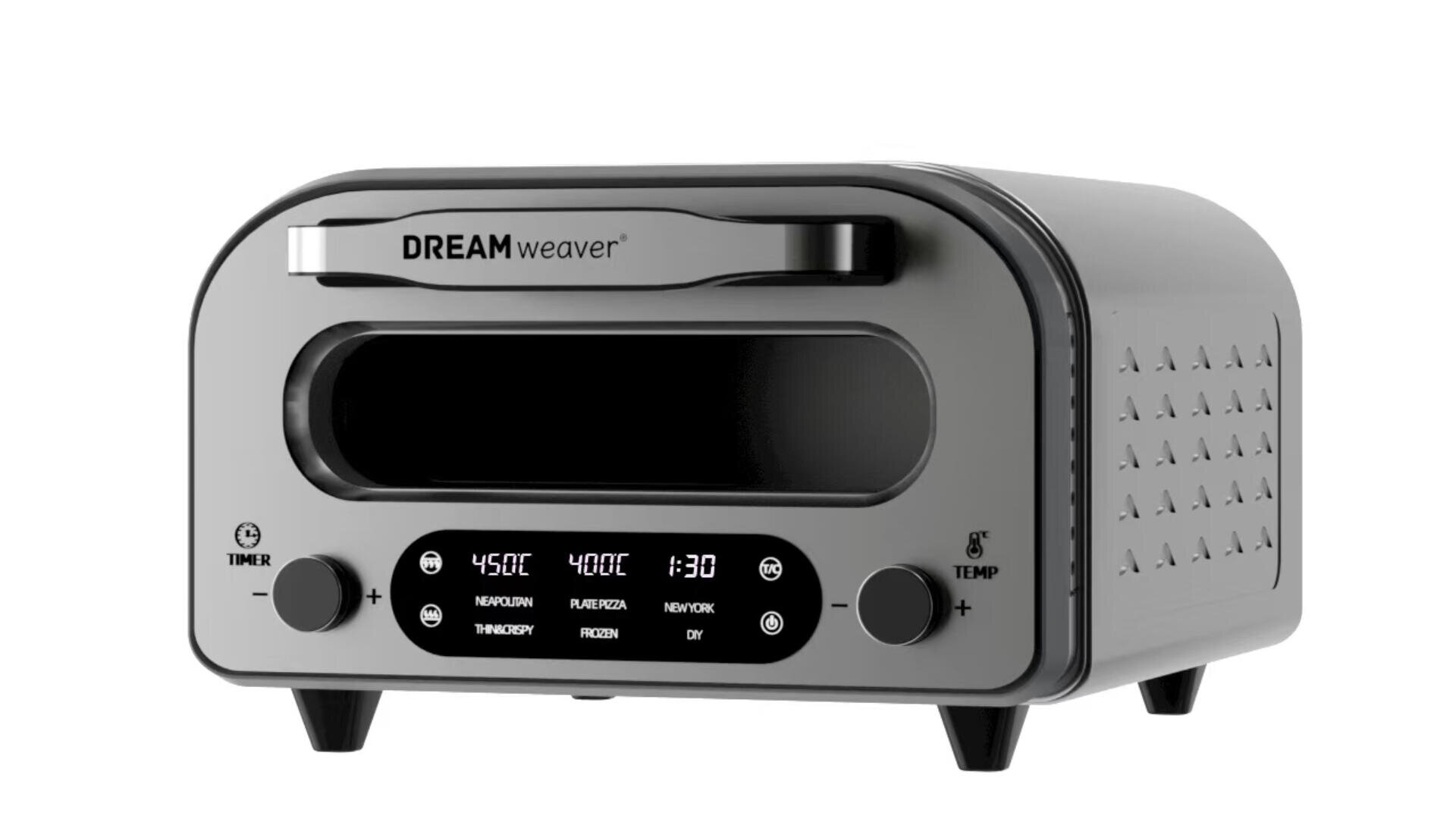 A sleek, modern countertop oven labeled DREAMweaver® with a digital display, control knobs, and buttons for timer and temperature settings. The oven is gray with rounded edges and stands on four short legs.