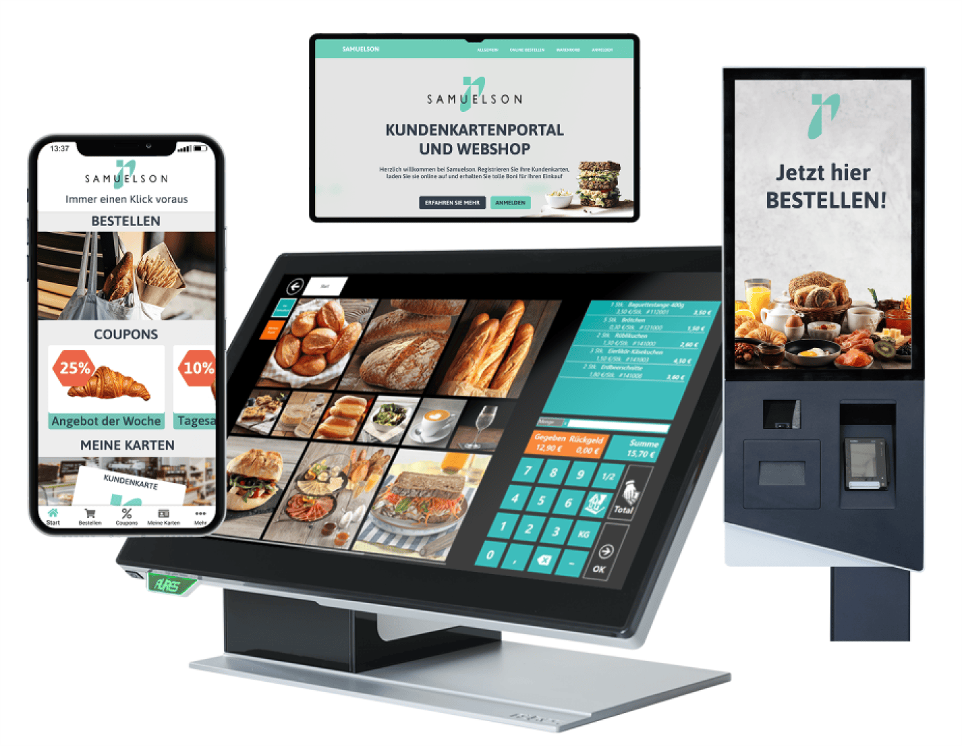 Ein Smartphone, ein Touchscreen-Monitor und ein Selbstbedienungskiosk zeigen Backwaren und Bestelloptionen an und demonstrieren ein integriertes digitales Bestell- und Kundenportalsystem für eine Bäckerei.