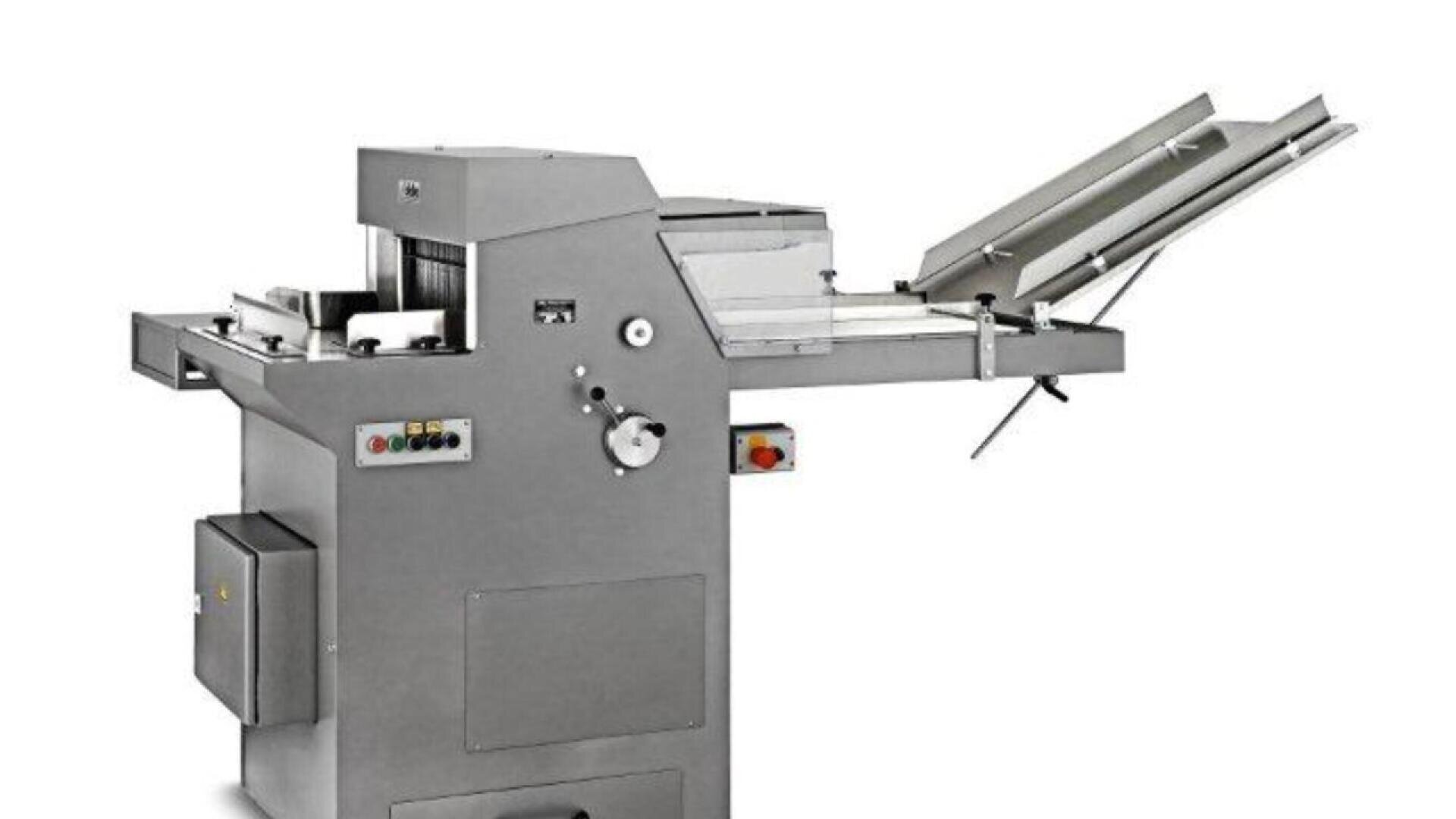 A gray industrial paper folding machine with control buttons, levers, and an extended paper tray, designed for automated folding of large volumes of paper.