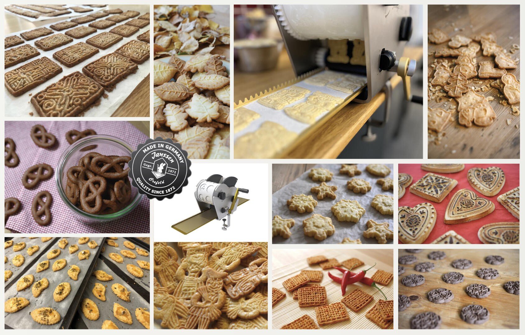 A collage of cookies and biscuits in various shapes and patterns, some chocolate-dipped, others intricately embossed, with images of baking equipment and trays of freshly baked treats.
