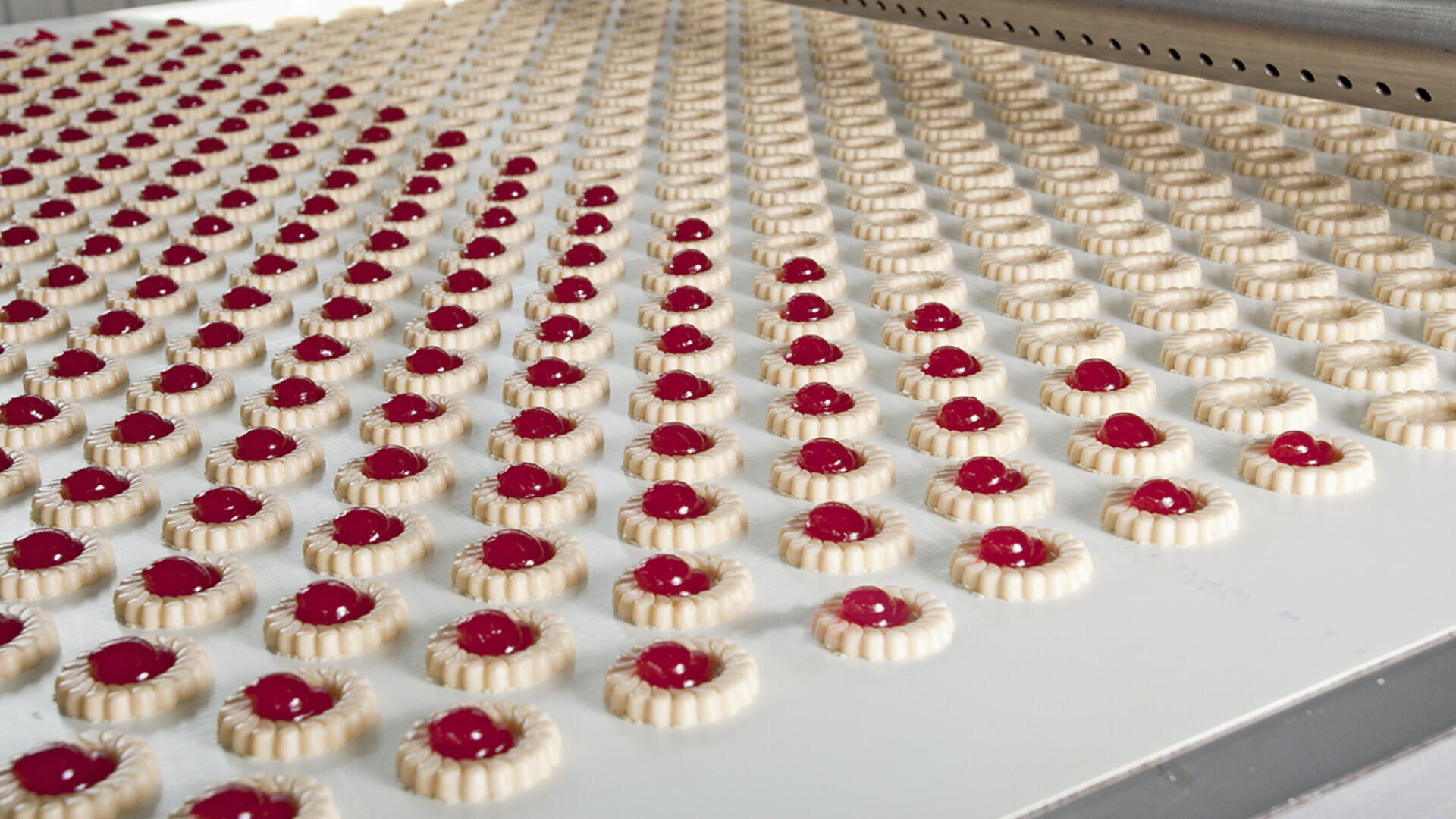 Rows of round cookies with red jam centers are neatly arranged on a conveyor belt, likely in a factory setting during mass production.