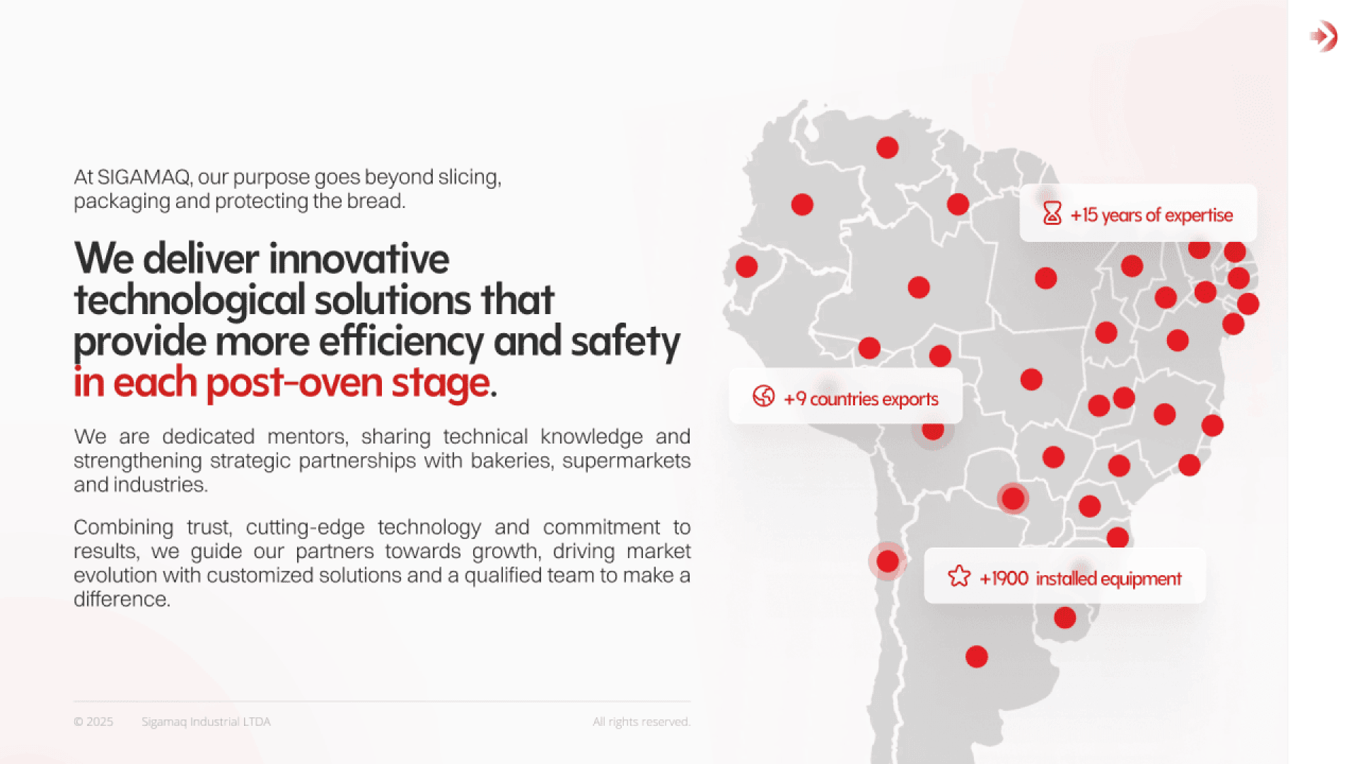 A map of Brazil with red dots marking locations. Text highlights SIGAMAQ’s export to 9+ countries, over 15 years of experience, and 700+ installed equipment units, emphasizing innovative post-oven technology solutions for industry efficiency and safety.