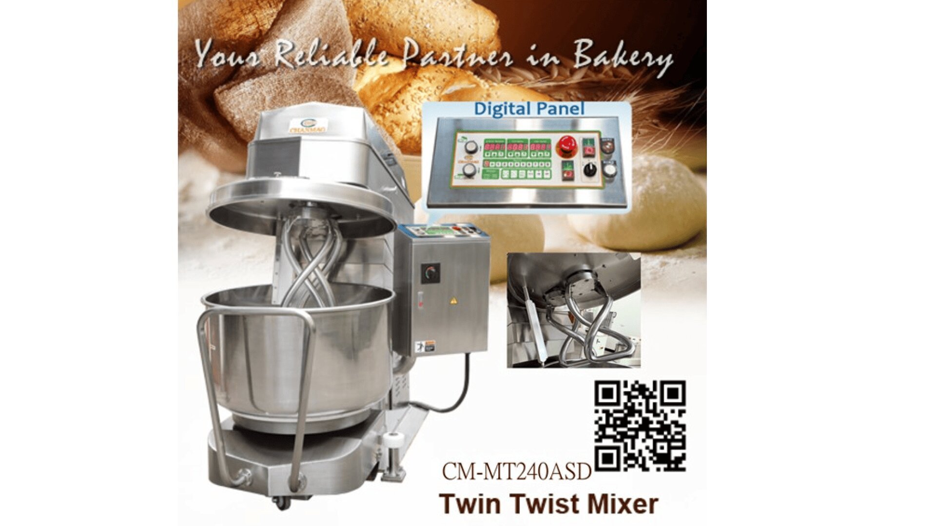 A commercial twin twist mixer with digital control panel is shown in front of bread and dough. Text reads Your Reliable Partner in Bakery and Twin Twist Mixer. A QR code and model number CM-MT240ASD are also visible.