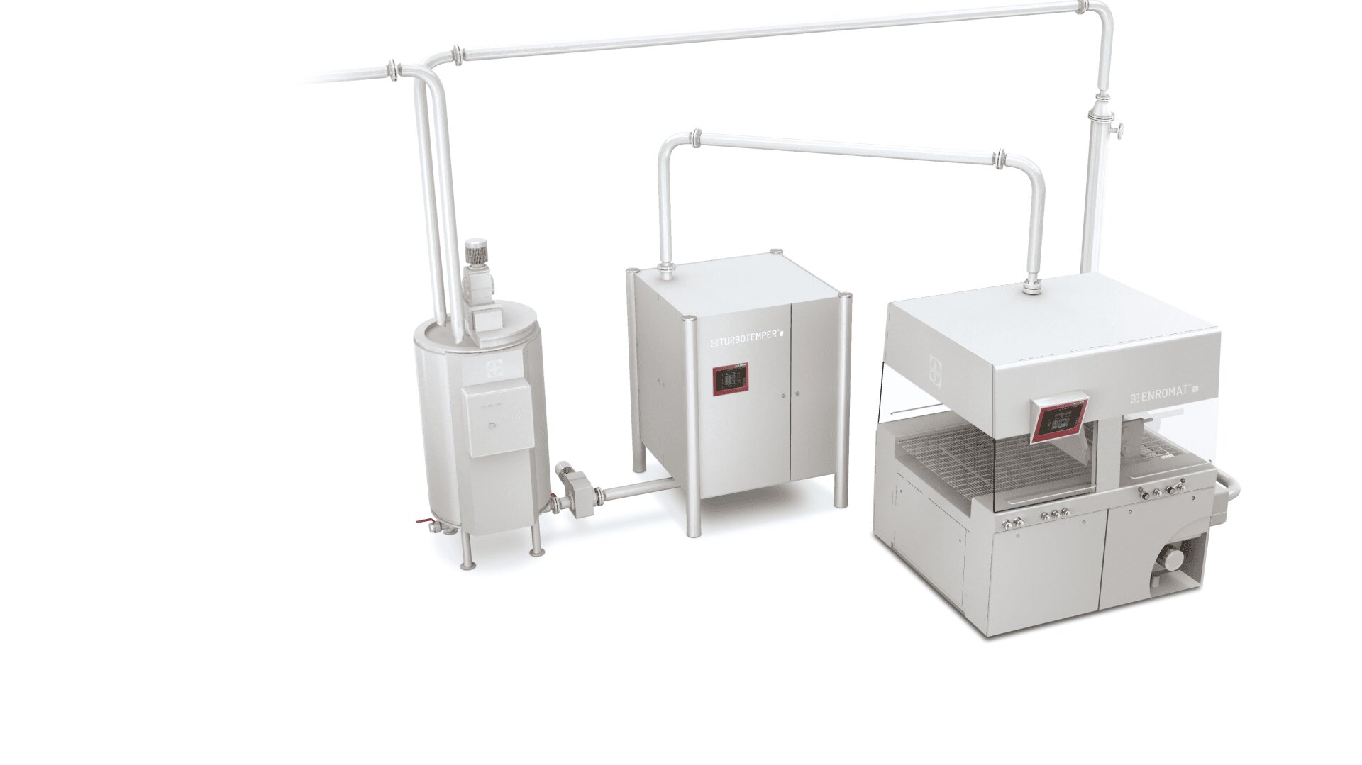 Ein industrielles Lebensmittelverarbeitungssystem aus Edelstahl mit miteinander verbundenen Einheiten, darunter ein zylindrischer Tank, zwei Schalttafeln mit digitalen Bildschirmen und eine Förderanlage, die alle durch weiße Rohre verbunden sind.