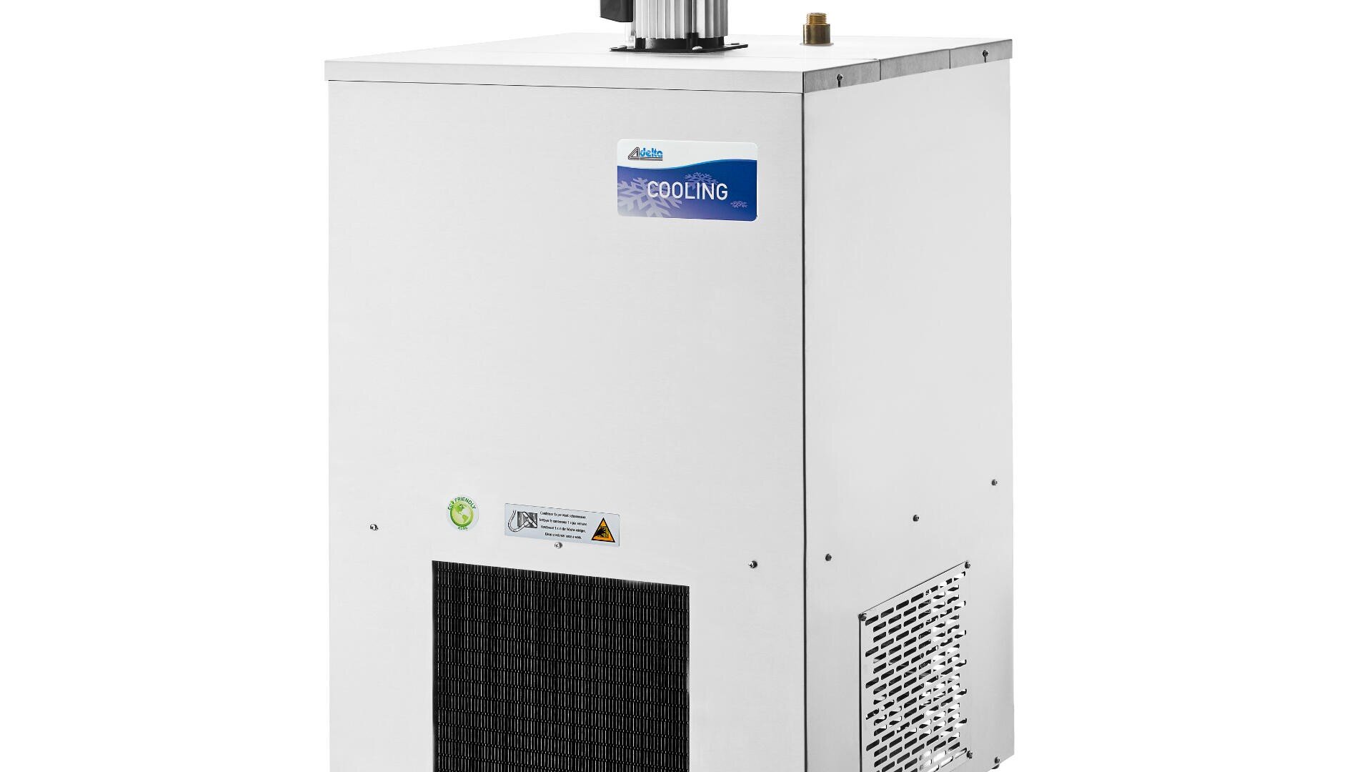 A white industrial cooling unit with a vent, various buttons, and warning labels, standing on the floor against a plain white background. A blue label on the front reads Cooling.