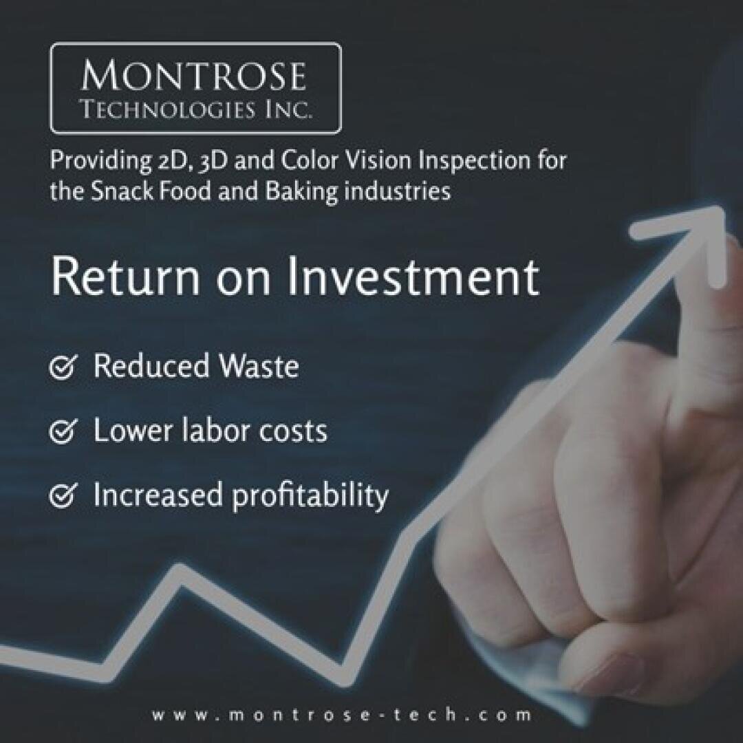 Eine Hand zeichnet einen nach oben zeigenden Pfeil auf ein Diagramm. Der Text wirbt für Montrose Technologies Inc. für 2D-, 3D- und Farbsichtprüfungen und hebt die Vorteile hervor: weniger Abfall, niedrigere Arbeitskosten und höhere Rentabilität.