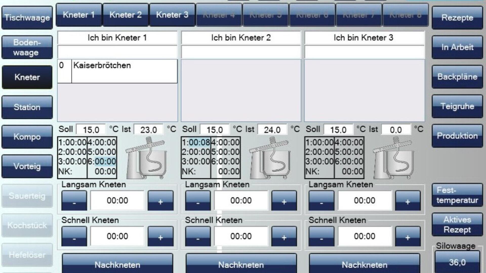 A touchscreen bakery control panel displays settings for three dough mixers, labeled Kneten 1-3. Each panel shows temperature, time, speed, and recipe information. Several menu buttons line the sides.