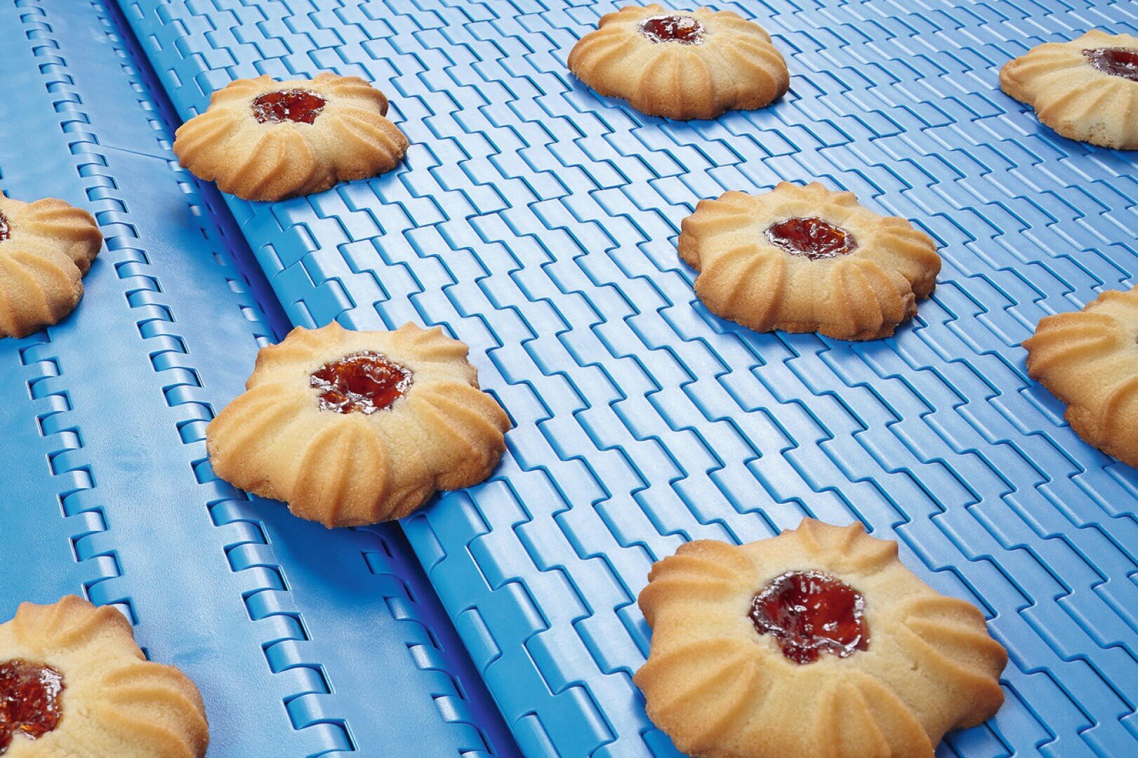 Mit Marmelade gefüllte Butterkekse auf einem blauen Förderband, in Reihen angeordnet. Die Kekse sind blumenförmig, haben einen roten Marmeladenkern und einen leicht goldenen Rand, was darauf hindeutet, dass sie frisch gebacken sind.