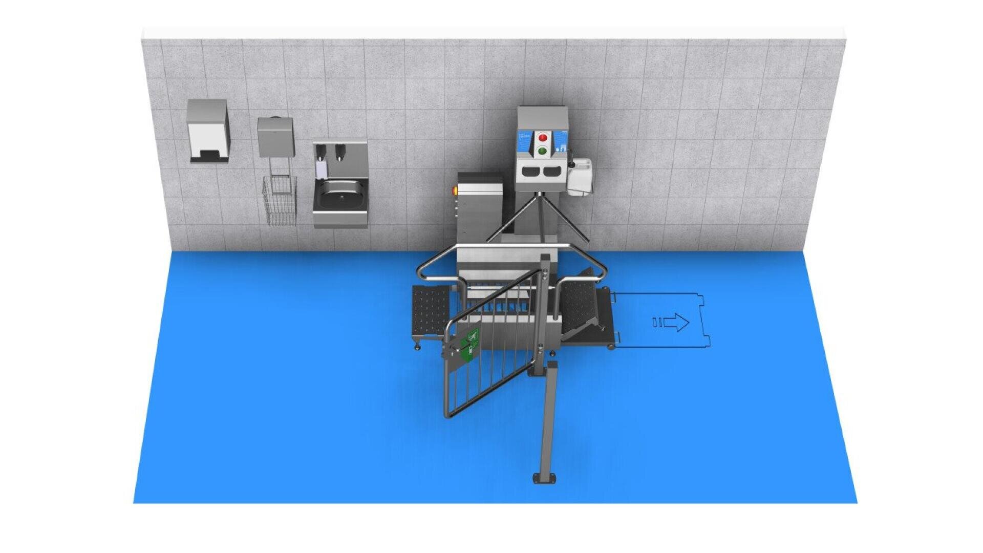 Overhead view of a hygiene station with a turnstile gate, hand washing sinks, soap and paper towel dispensers, a control panel, and wall-mounted accessories on a blue floor against a tiled wall.