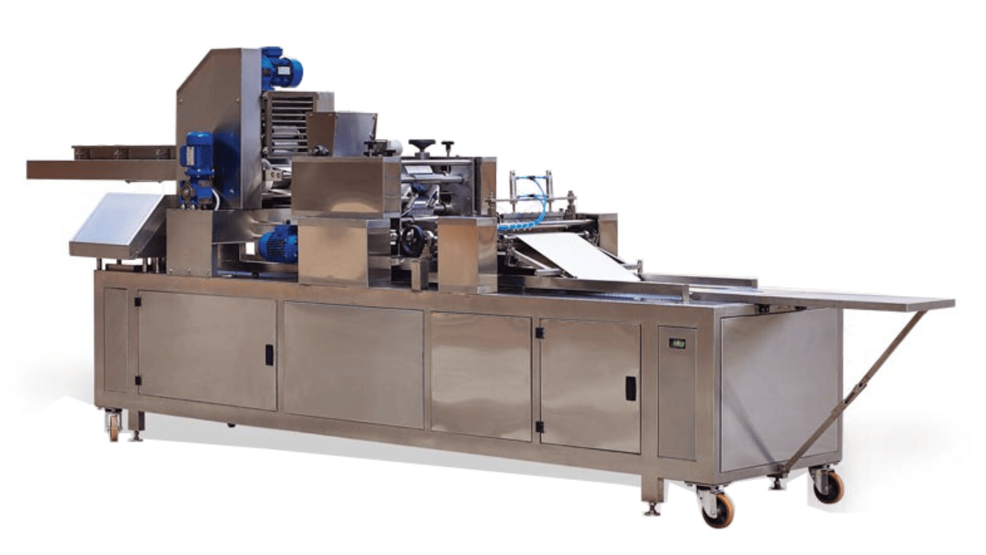 A stainless steel industrial food processing machine with multiple rollers, conveyors, and blue motor units, standing on wheels against a white background.