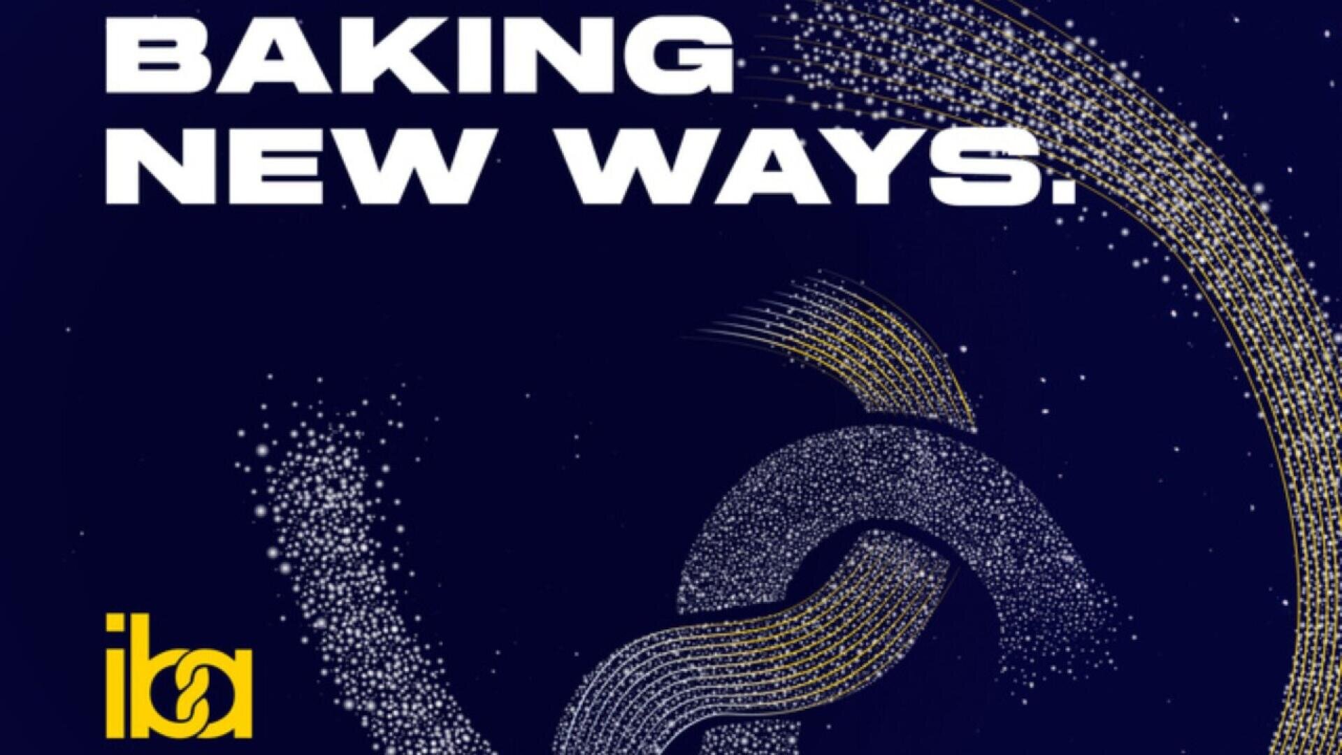 Text reading BAKING NEW WAYS in bold white font on a dark blue background, with abstract, swirling dotted lines and the yellow iba logo in the lower left corner.
