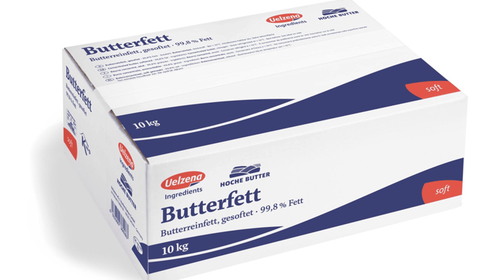 Eine weiß-blaue 10-kg-Schachtel mit der Aufschrift Butterfett mit 99,8 % Fettgehalt von Uelzena Hoche Butter. Die Schachtel ist mit "soft" gekennzeichnet und enthält Produktinformationen in deutscher Sprache.