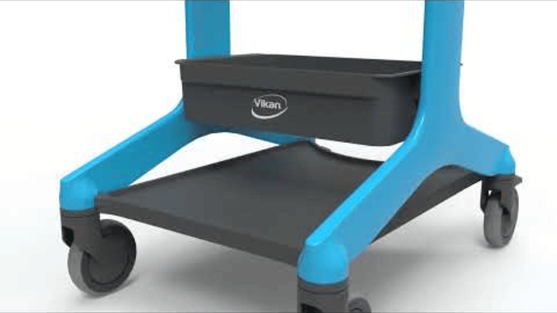 A close-up of the lower part of a blue and black utility cart with wheels, showing a storage tray labeled Vikan.